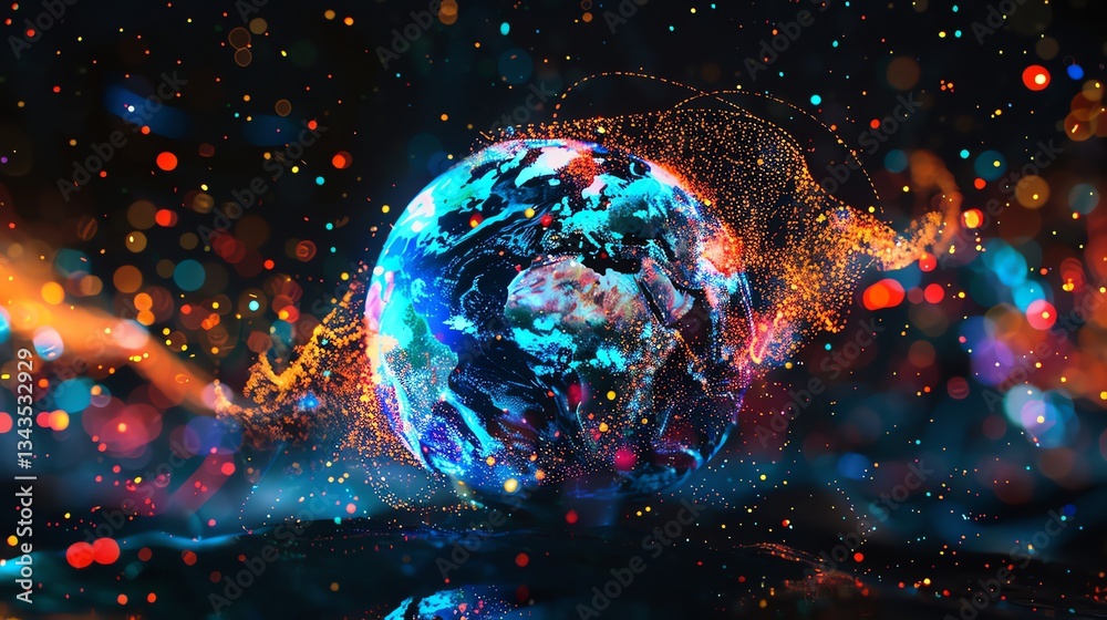 Sticker a digital rendering of earth surrounded by swirling light and particles.