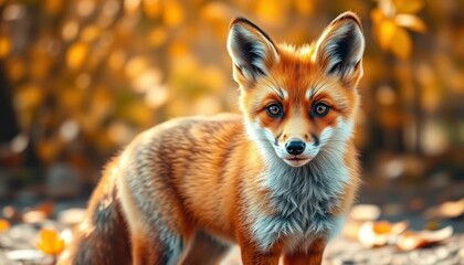 A young red fox stands alertly amidst a softly blurred autumnal backdrop, its vibrant fur contrasting beautifully with the warm, golden hues of the falling leaves.
