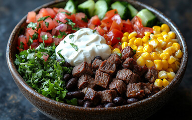 Steak burrito bowl with fresh ingredients  