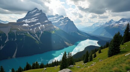 Aerial view of the Bernese Alps at noon, covered in thick clouds. The Swiss mountains stretch endlessly, partially hidden by misty layers.