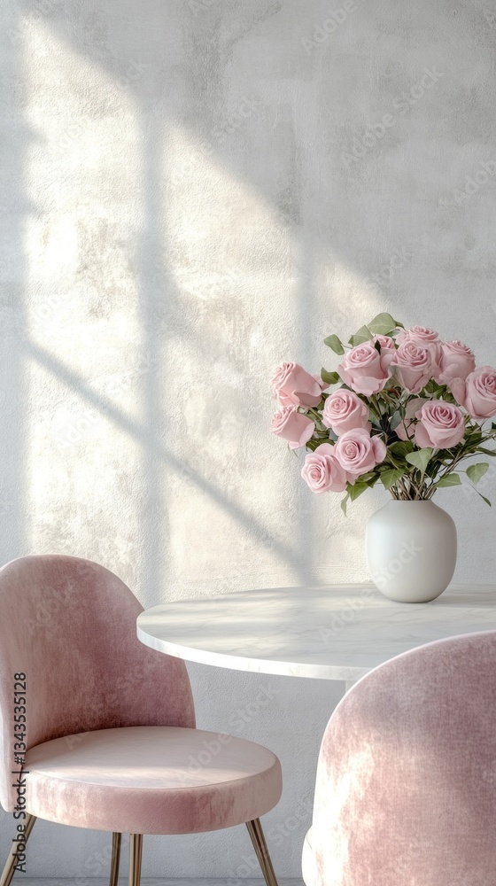 Aufkleber Sunlight filters through a large window, casting soft shadows across a pale wall. A vase filled with pink roses sits gracefully atop a round table surrounded by elegant, plush chairs
