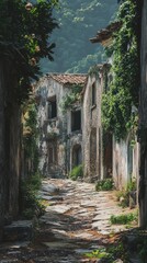 Fototapeta premium Deserted village whispering tales of past lives amidst nature's reclaiming embrace in an abandoned alleyway