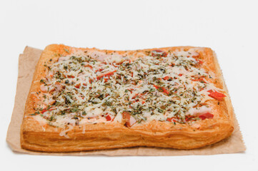 Tasty mini pizza on white background