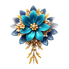Obraz premium Luxurious floral brooch with turquoise and gold petals shining on white background