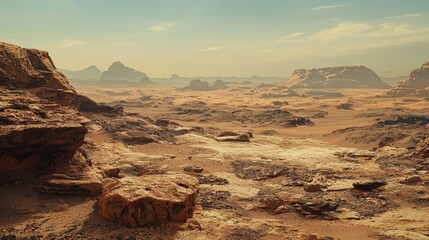 Fototapeta premium Vast Martian-like desert landscape with rocky terrain, distant plateaus under a hazy sky