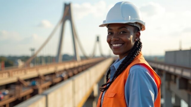 smiling young african american female engineer wearing white hard hat and orange safety vest standing on bridge construction site. civil engineering, infrastructure development, urban project