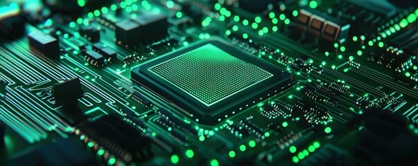 Obraz premium smart grid power optimization concept. Close-up of a circuit board with green lighting effects.
