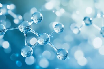 Close up of water molecules on a blue background with bokeh effect and light colors
