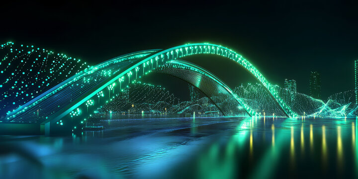 A cyberpunk 3D background depicting a neon-lit bridge extending into a digital city skyline. The high-tech lighting and reflections create an electrifying urban atmosphere.