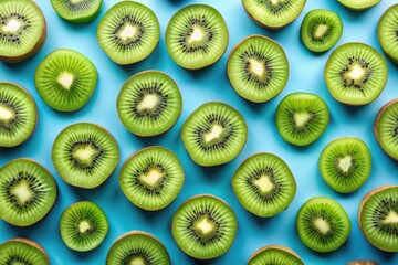 Fototapeta premium Juicy kiwi slices burst across a vibrant summer panorama, a refreshing fruity feast for the eyes.