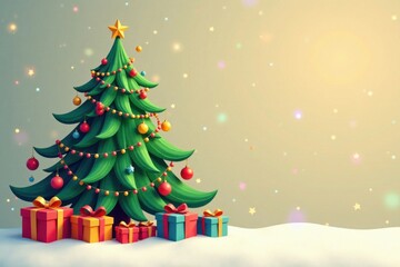 Whimsical cartoon Christmas tree filled with presents, balls, and garlands in a vibrant color palette, abstract, festive