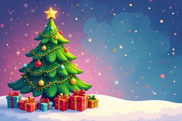 Whimsical cartoon Christmas tree filled with presents, balls, and garlands in a vibrant color palette, whimsical, winter wonderland