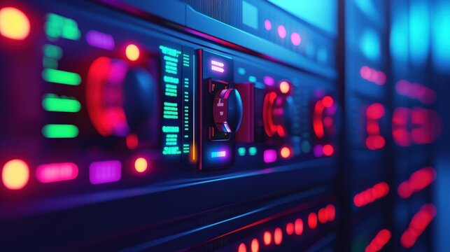 smart grid power optimization concept. Vibrant control panel with colorful lights and knobs.