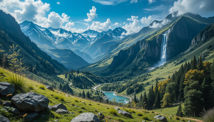 Explore scenic mountain valley with waterfall and lake surrounded by trees and snow capped peaks vista view