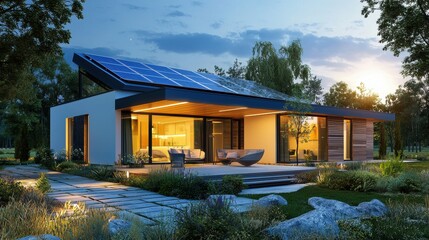 Sustainable solar panel home, innovative house night sky roof, efficient exterior property evening technology, renewable ecological environmental, modern clean energy