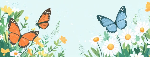 Butterfly and daisy borders on blue background minimalist s