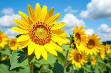 Vibrant sunflower field under clear blue sky