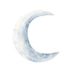 Crescent blue Moon. Hand drawn Watercolor illustration isolated on a white background.