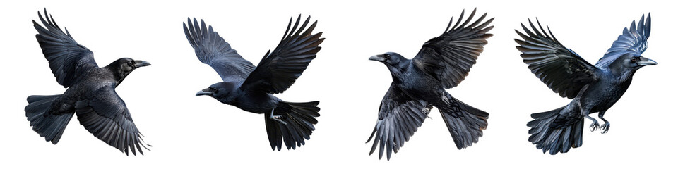 Fototapeta premium A group of crows and ravens soaring through the air their dark feathers and powerful wings on display as they gracefully navigate the sky
