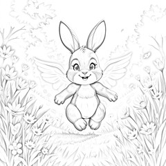 Obraz premium Whimsical Easter Bunny Coloring Page: Printable Art for All Ages. A black and white drawing of a rabbit with wings in a field of flowers.
