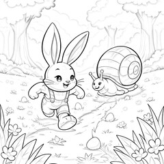 Obraz premium Easter Bunny and Snail in Rustic Forest Scene. A black and white illustration of a rabbit and a snail in a forest.