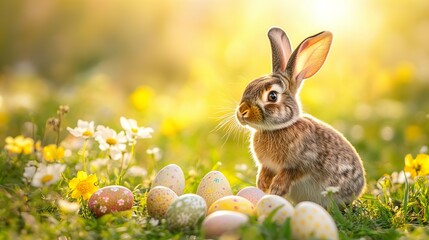 Adorable Easter bunny sitting in a sunlit meadow with colorful decorated eggs