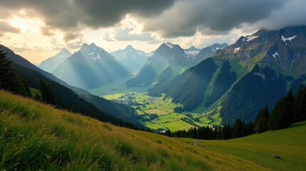 Fototapeta premium Appenzell region in Switzerland at dawn with cloudy skies, viewed from above. Aerial landscape of mist-covered hills and valleys, bathed in a subtle, diffused morning glow.
