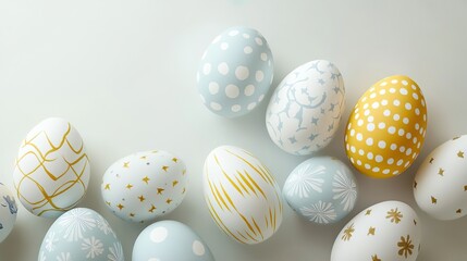 Elegant minimalist Easter flat lay with pastel blue and gold decorated eggs on a soft background
