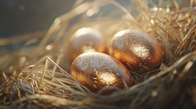 Luxurious close-up of golden Easter eggs nestled in a straw nest