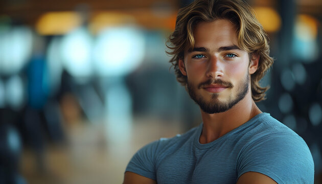 Handsome young man with blond hair and blue eyes, looking directly at the camera, arms crossed, in a casual gray t-shirt