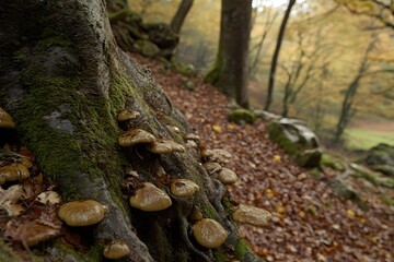 Fototapeta premium Autumn Mushrooms on Mossy Tree Trunk in Forest