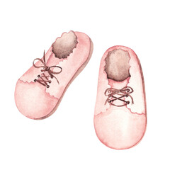 Baby Girl pink Booties. Its a girl. Hand drawn watercolor illustration of Shoes for Newborn isolated on a white background. Cute Infant clipart for happy birthday decoration, invitations, Gender