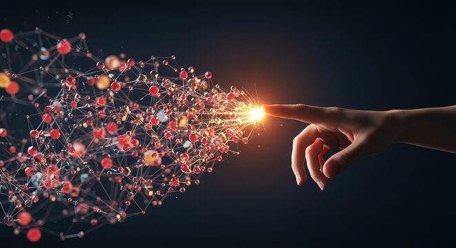 A finger touching a glowing point connected to a network of red spheres and lines on dark background - Powered by Adobe