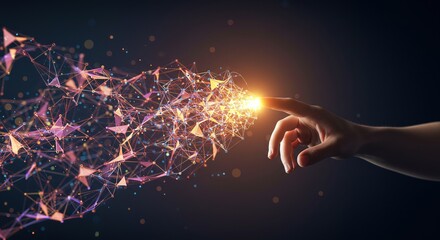 A hand touching a glowing network of connected triangles and dots on a dark background image