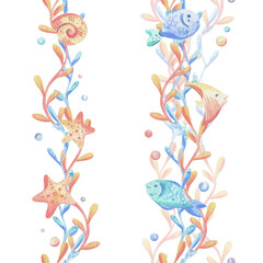 Seaweed, coral, ocean underwater coral reef animals, starfish, fish. Watercolor illustration, hand drawn in pastel colors: pink, peach, coral, turquoise, blue. Seamless board isolated from background