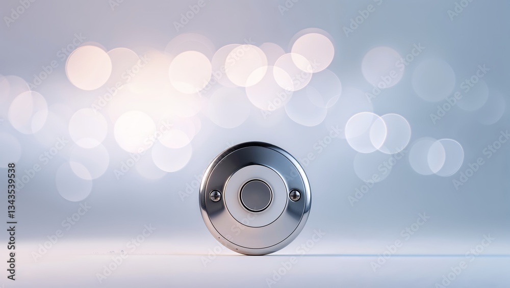 Poster close-up view of a metallic button with soft bokeh background showcasing intricate texture and desig