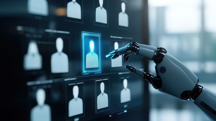 High-Tech Holographic Interface Display with Robotic Hand Interacting with Digital Profiles