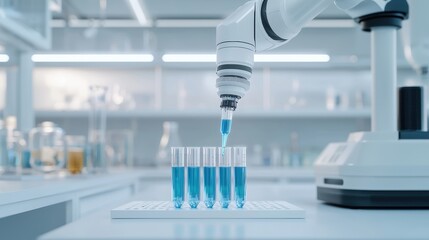 Robotic Arm in High-Tech Pharmaceutical Lab Performing Liquid Handling Tasks