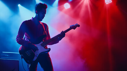 Passionate bass guitarist engrossed in his performance under soft stage lighting creating a soulful and dynamic musical experience for listeners.