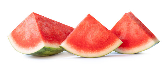 Front view of fresh red watermelon fruit in slices or pieces in stack isolated on white background...