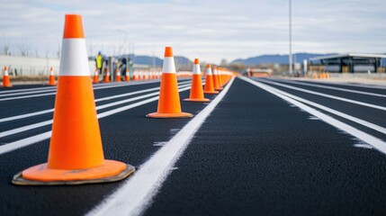 Freshly Painted Traffic Lines on a Road with Orange Safety Cones in a Clear Sky