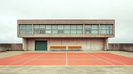 A minimalist concrete building overlooks a red tennis court on a cloudy day