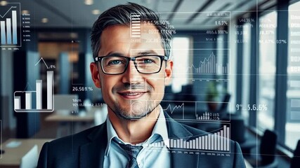 Portrait of a Smiling Businessman with Data Overlays in a Modern Office Setting - Powered by Adobe