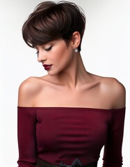 Fototapeta premium studio portrait of a brunette woman with short hair looking down wearing a low cut dark red bordeaux top with nude shoulders on a white background, fashion photography 