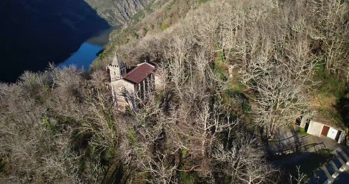 Medieval Monastery of santa Cristina de Ribas de Sil. Aerial drone view footage, orbital movement