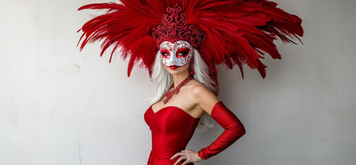 An elegant portrait of a woman in a red masquerade mask with large red feathers crowning her head
