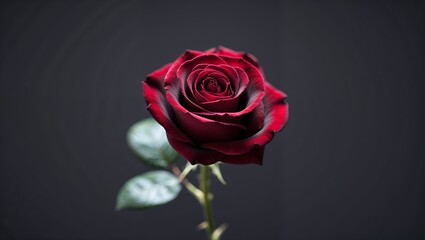 Deep red rose blooming elegantly against a dark backdrop showcasing its petals and leaves with stunning detail