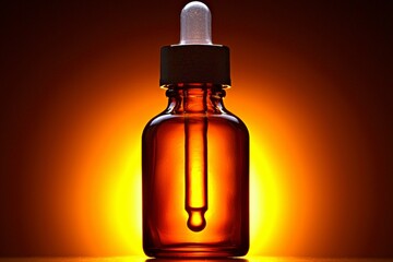 Amber Elixir in Glass Bottle with Dropper and Warm Radiance Enhancing Product Presentation Display