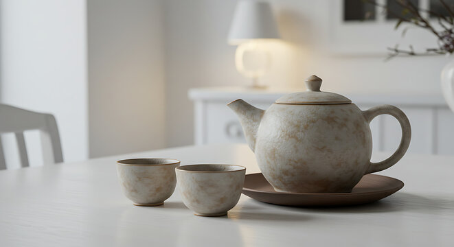 Juego tradicional de tazas de t&eacute; con forma de jarra.
