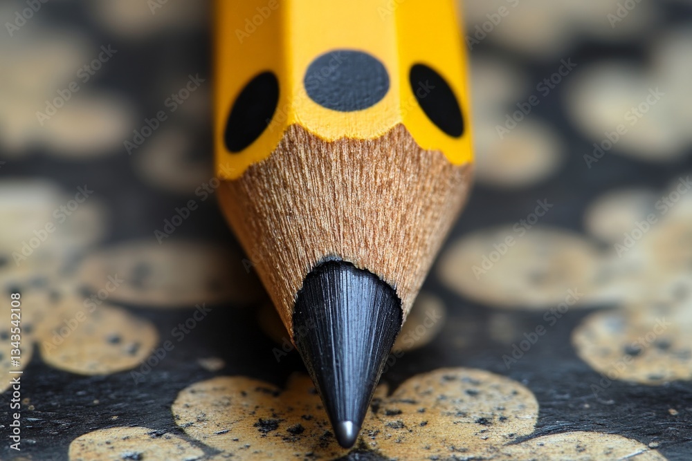 Poster yellow pencil rests on a textured black surface with flower patterns captured in sharp detail close-